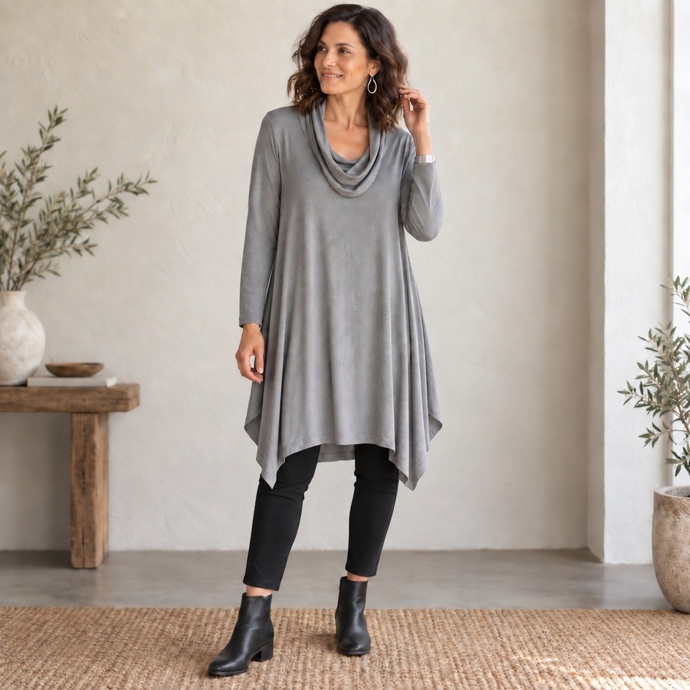 Bryn Walker Tunic Dress Large Lagenlook Gray Cowl Neck Sharkbite Hem Long Sleeve